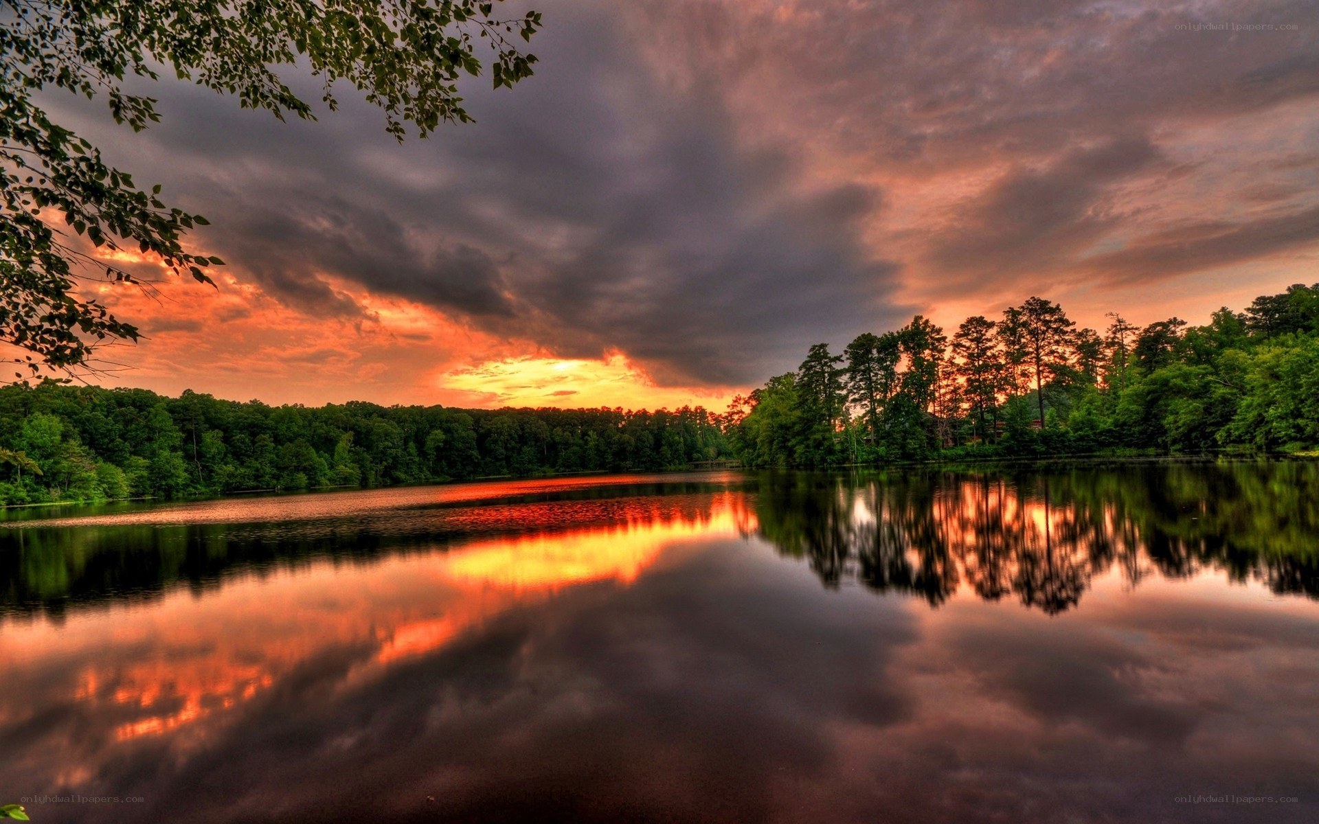 Sunset over a calm lake
