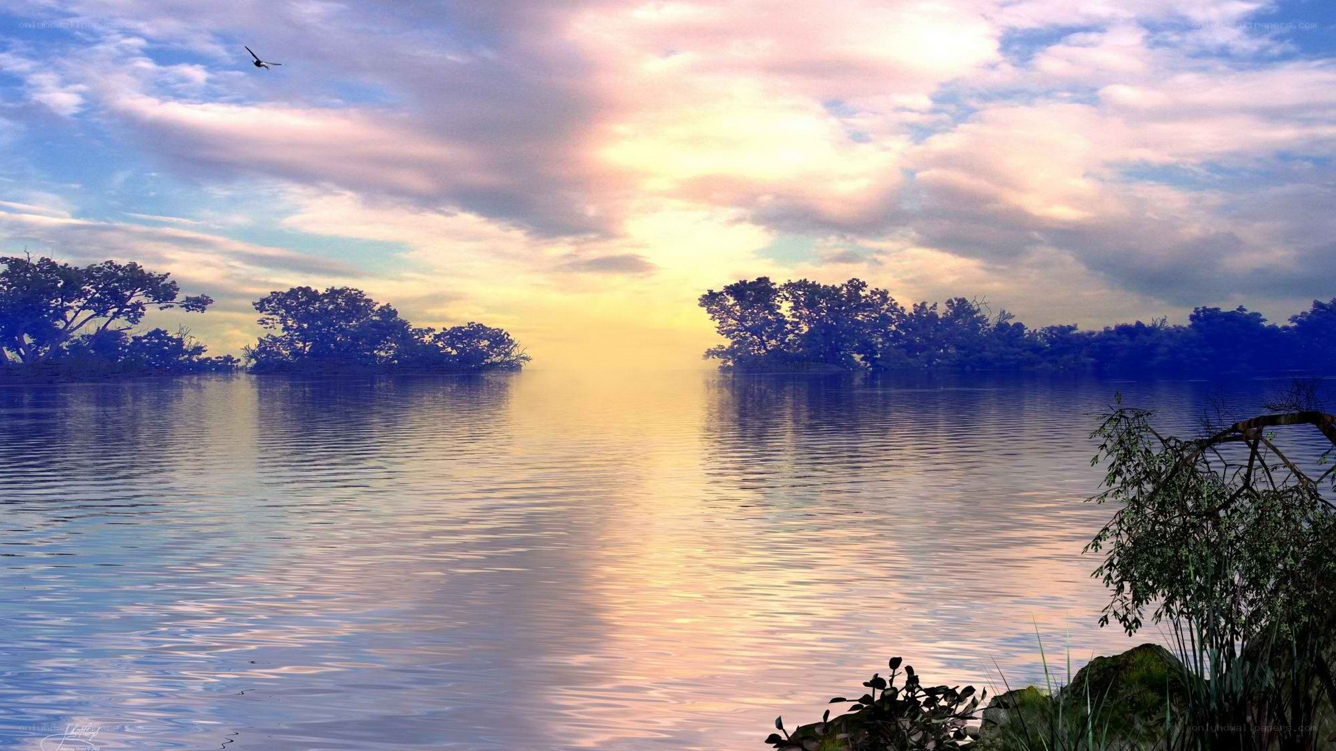 Sunset over a calm lake