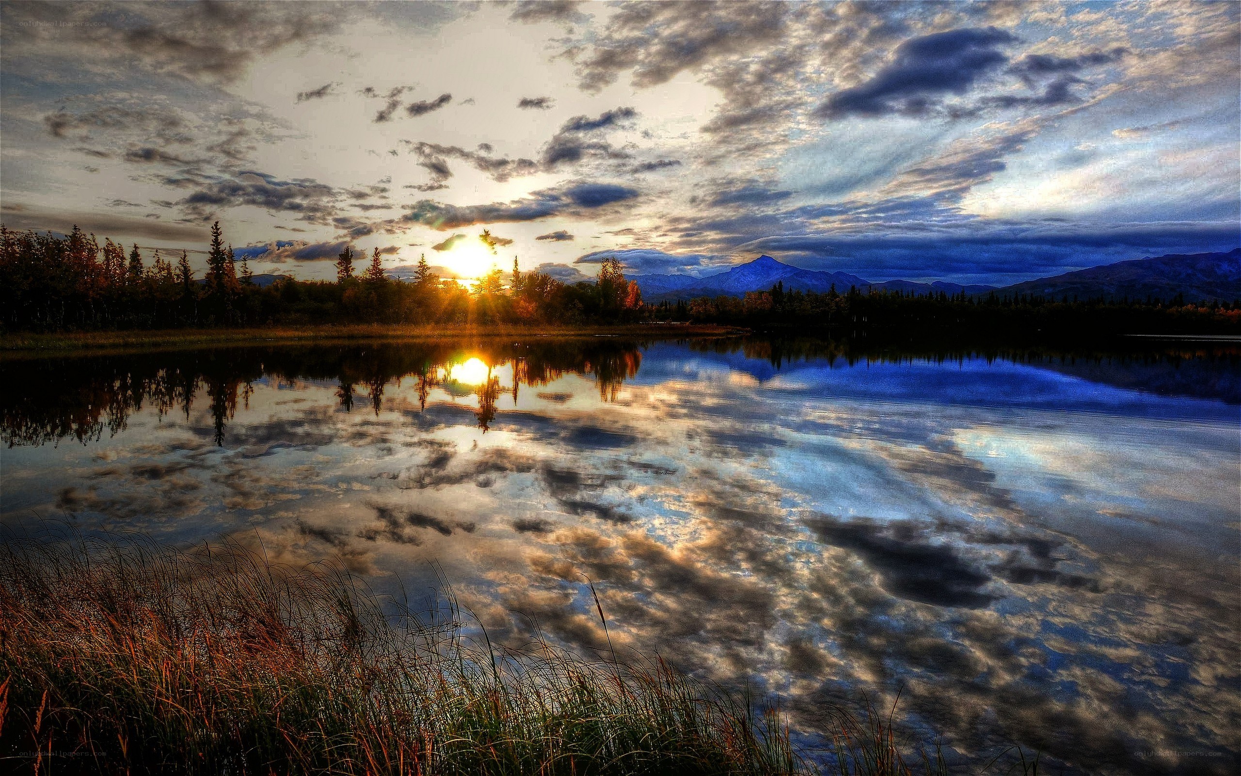 Sunset over a calm lake