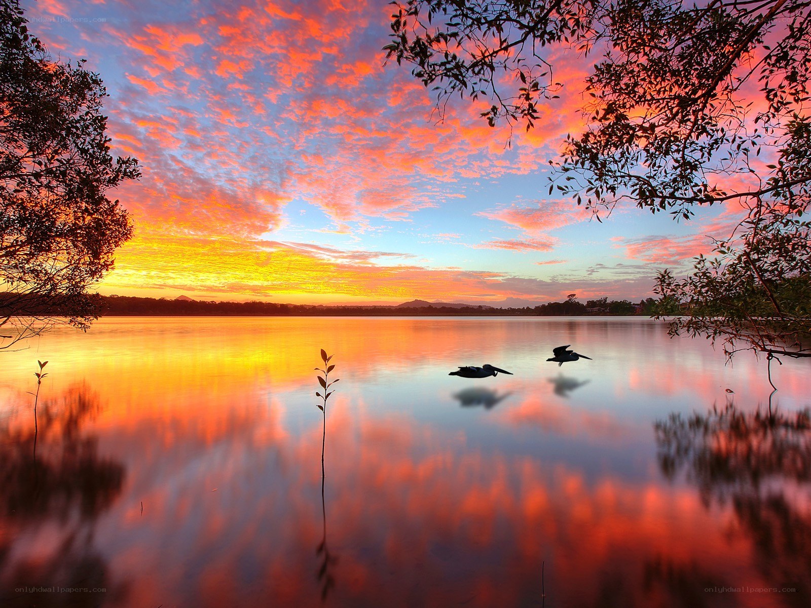 Sunset over a calm lake