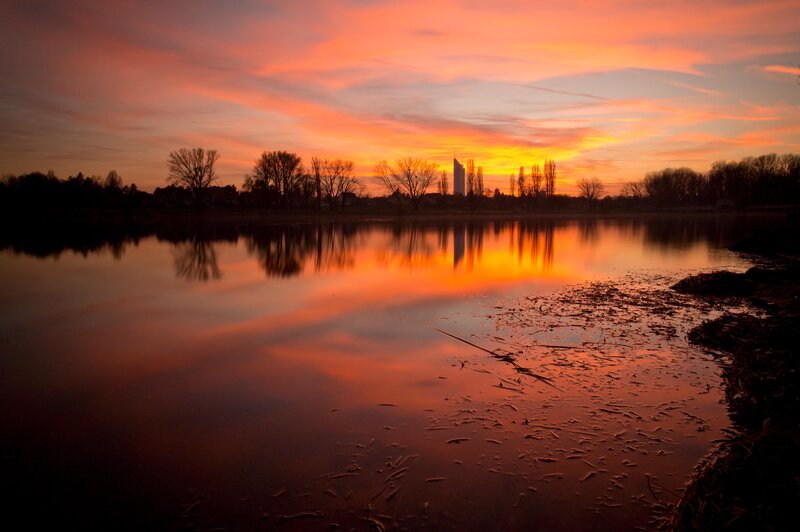 Sunset over a calm lake