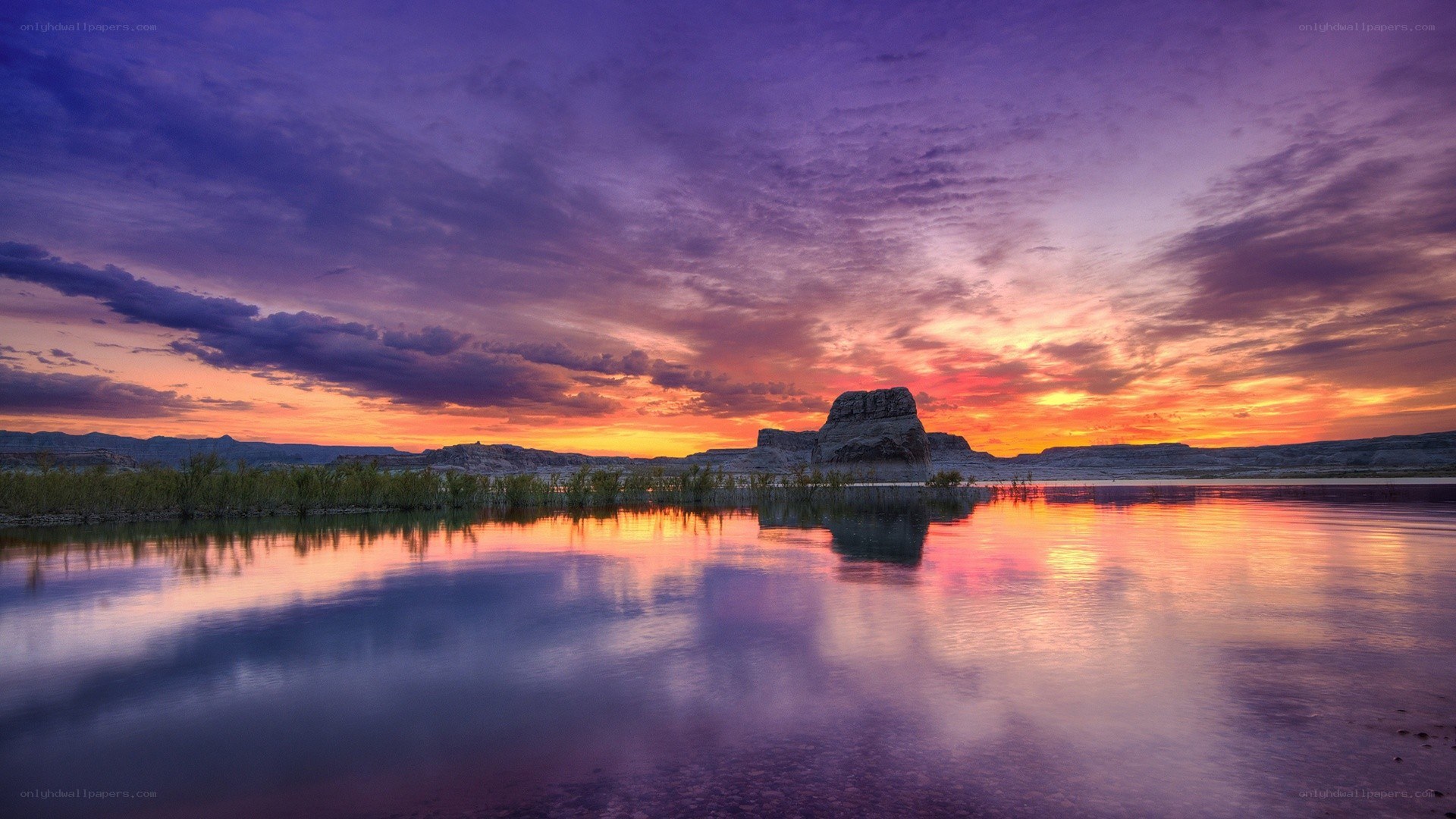 Sunset over a calm lake
