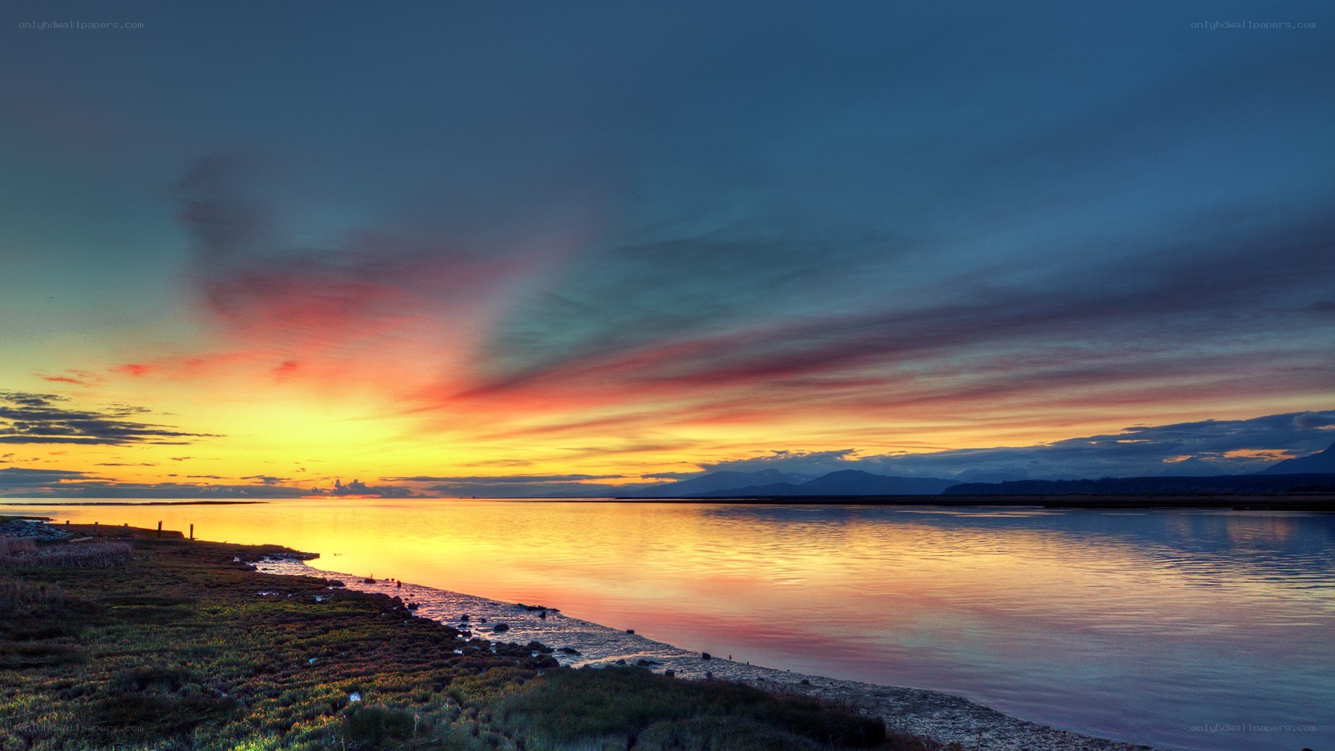 Sunset over a calm lake