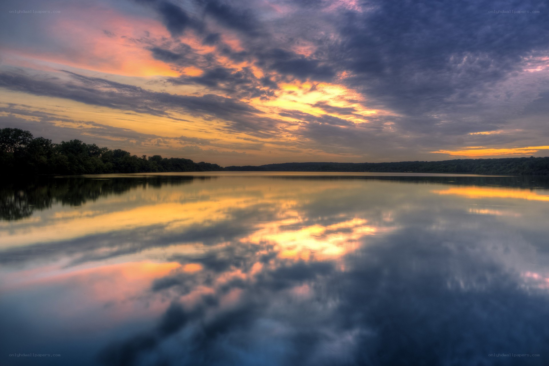 Sunset over a calm lake