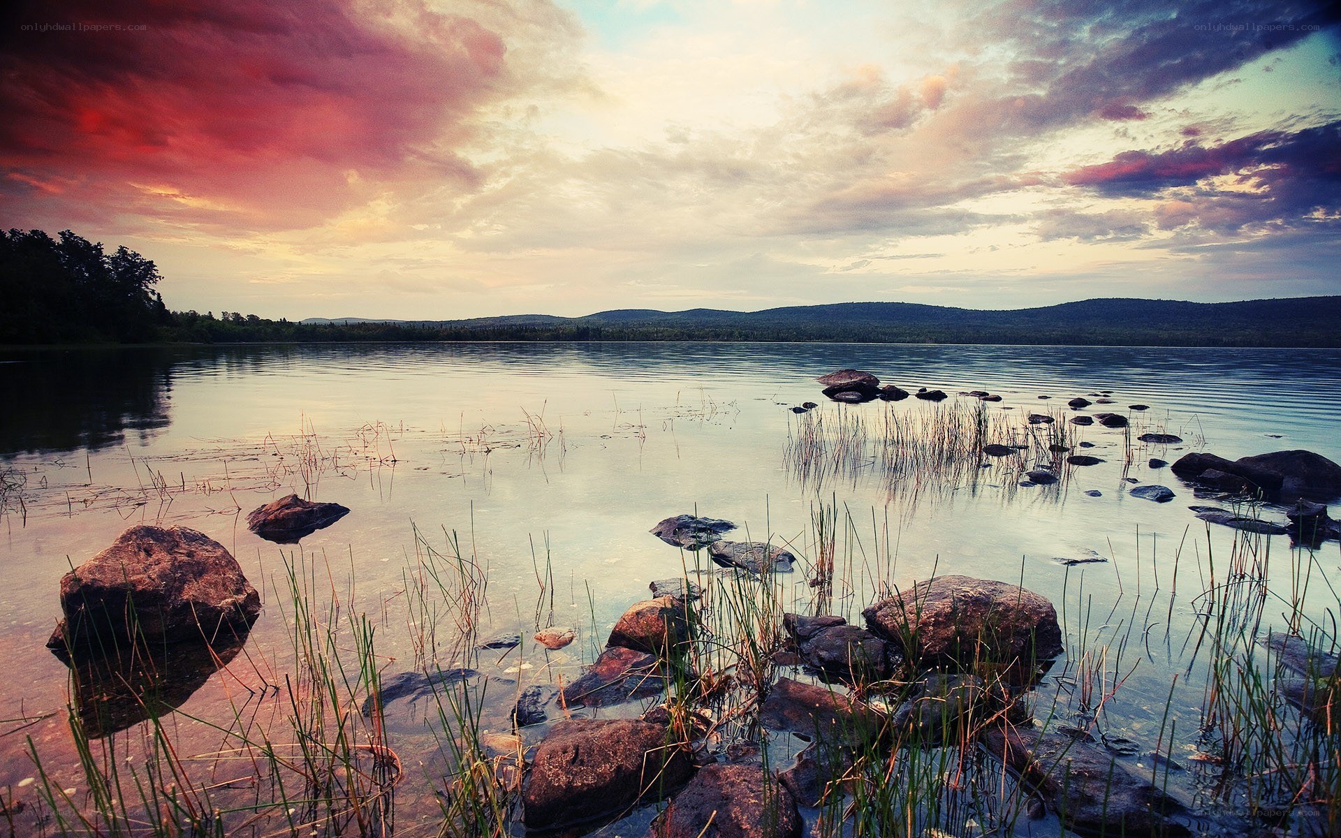 Sunset over a calm lake