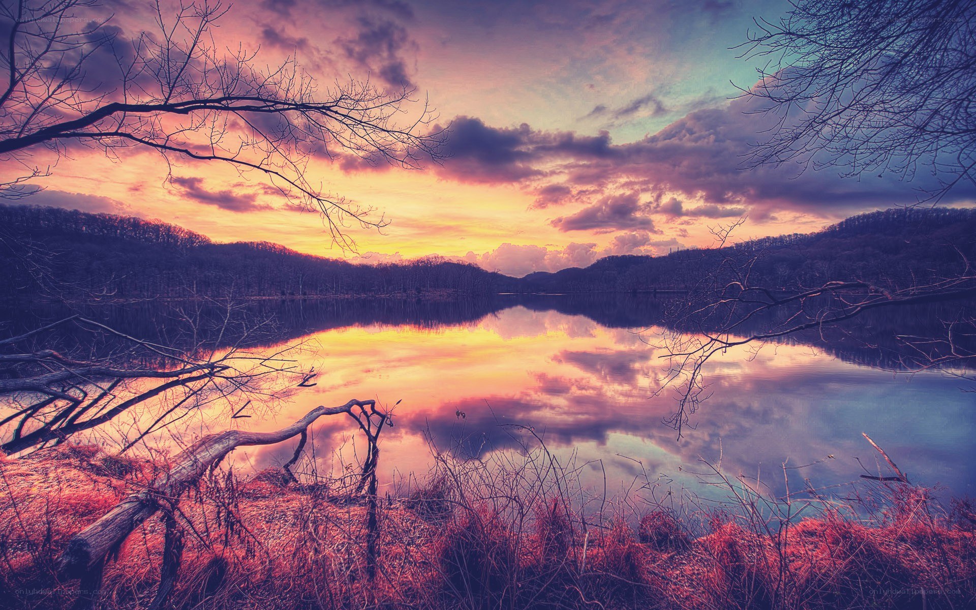 Sunset over a calm lake