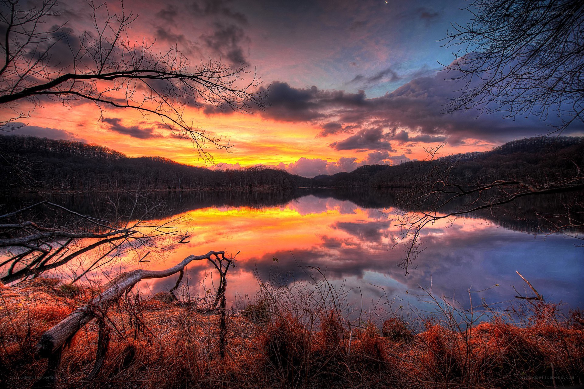 Sunset over a calm lake