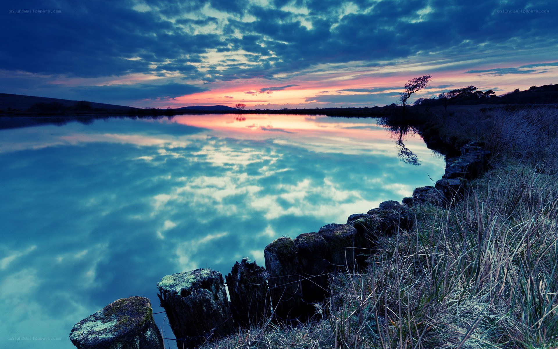 Sunset over a calm lake