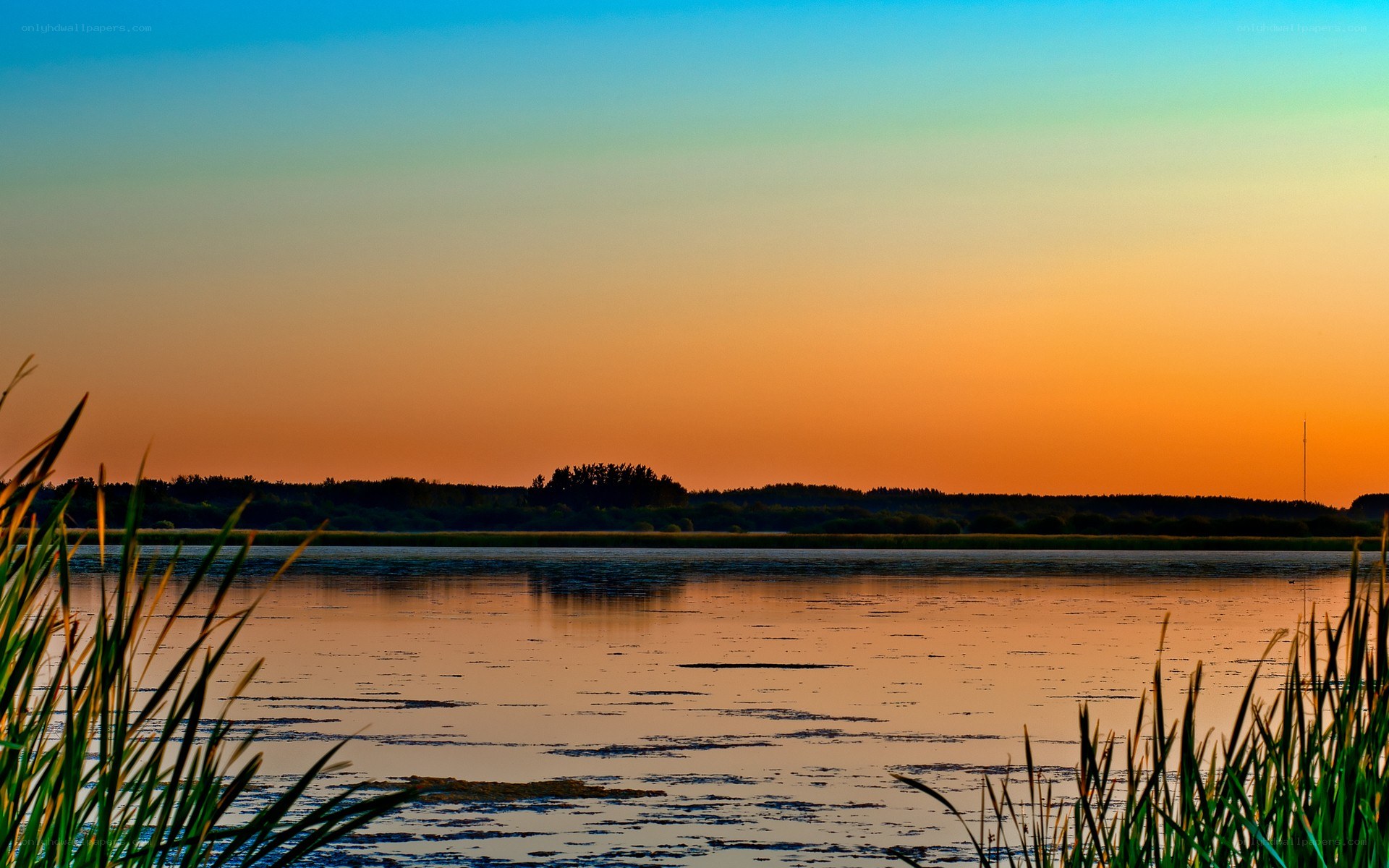 Sunset over a calm lake