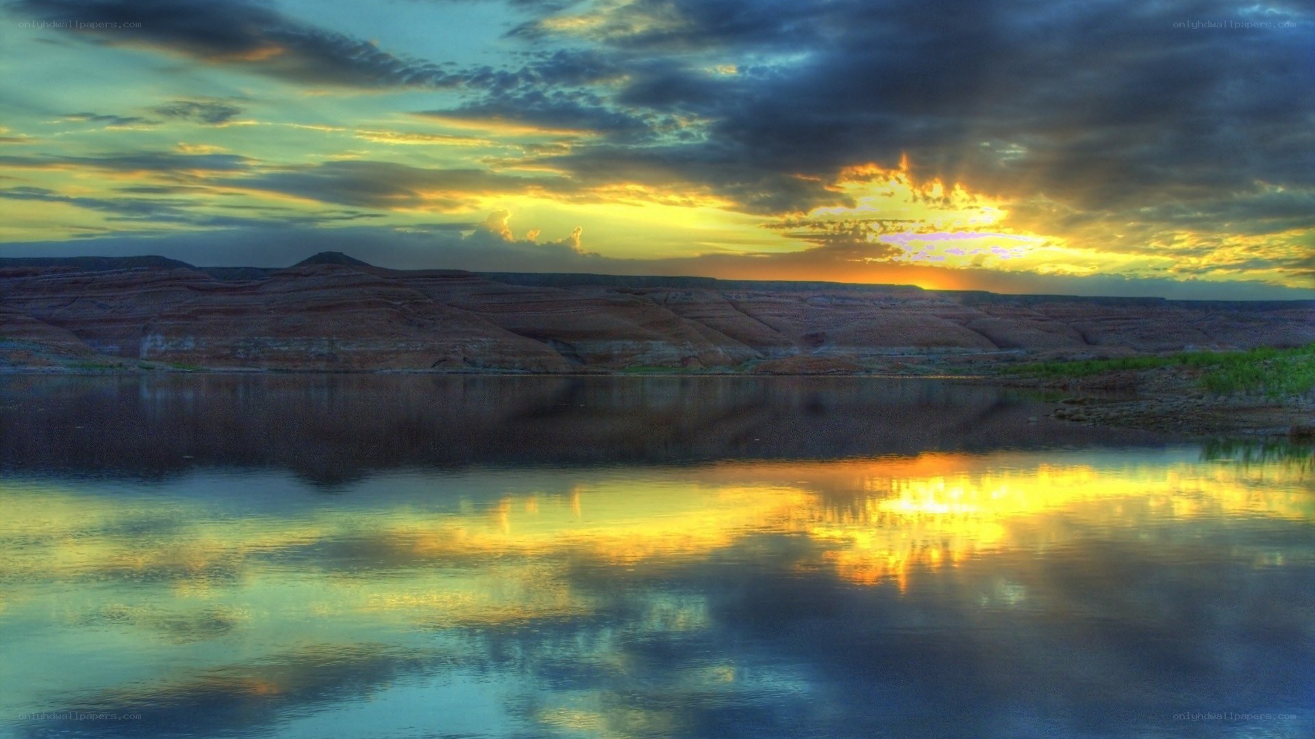 Sunset over a calm lake