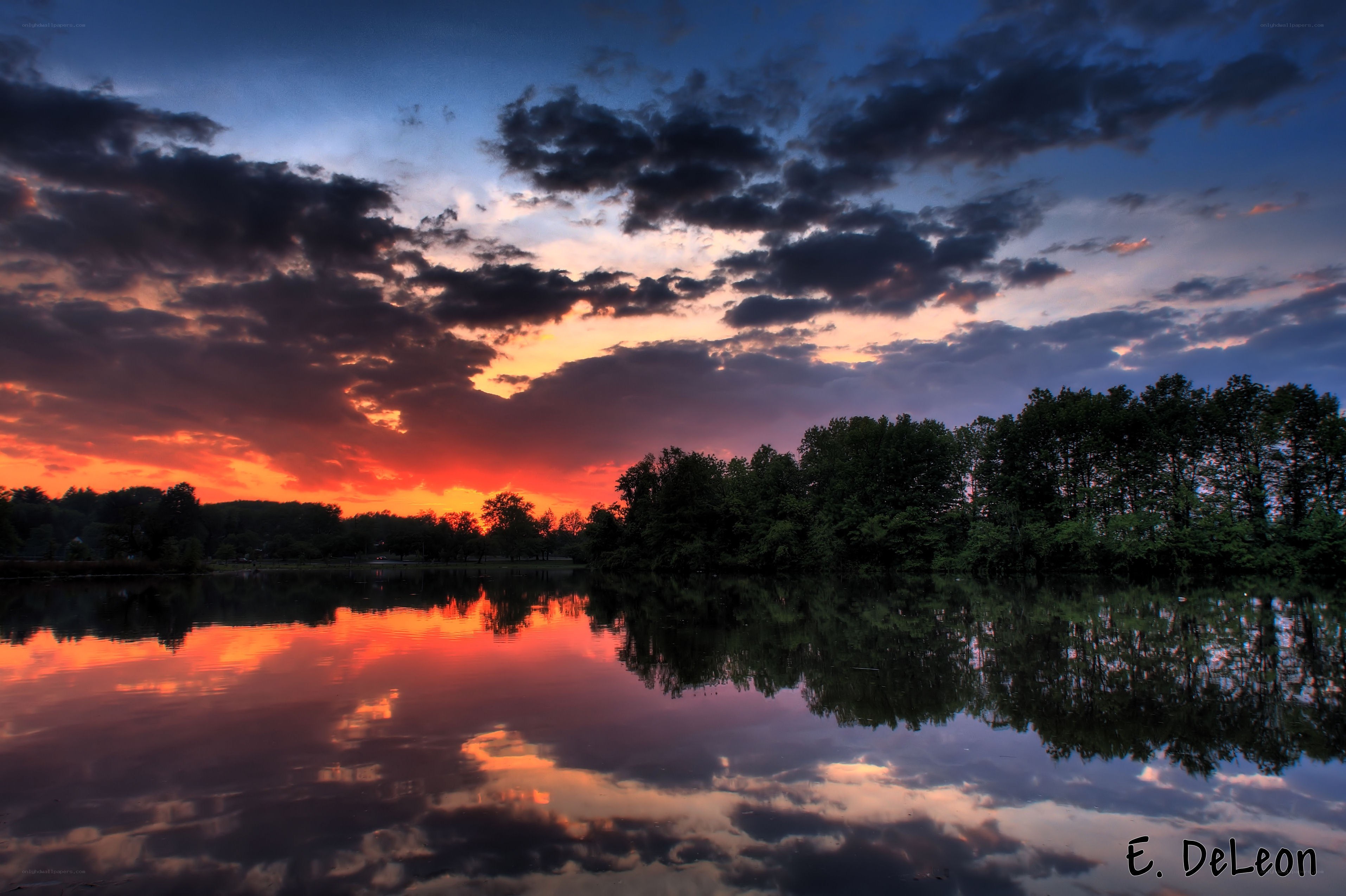 Sunset over a calm lake