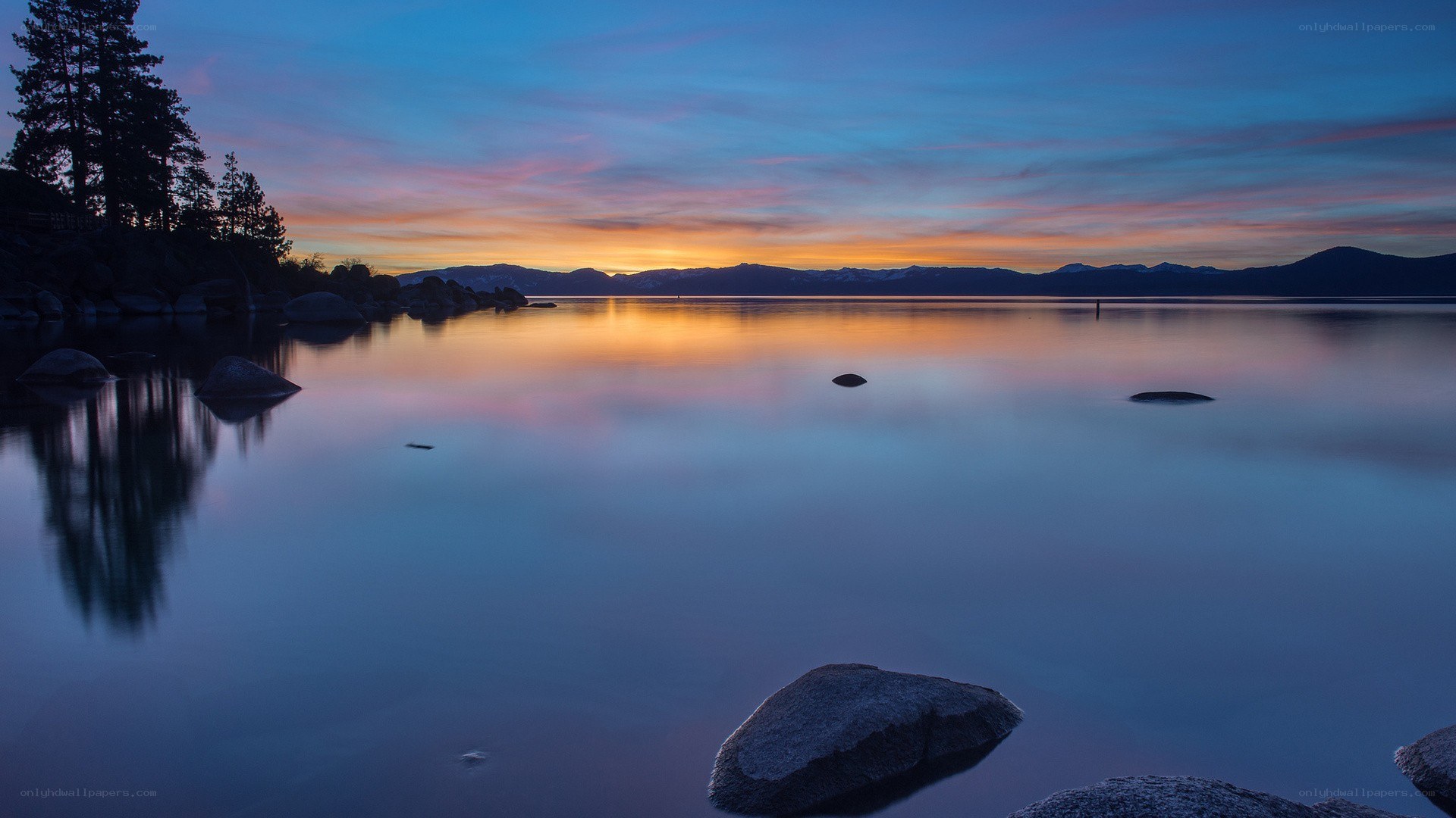 Sunset over a calm lake