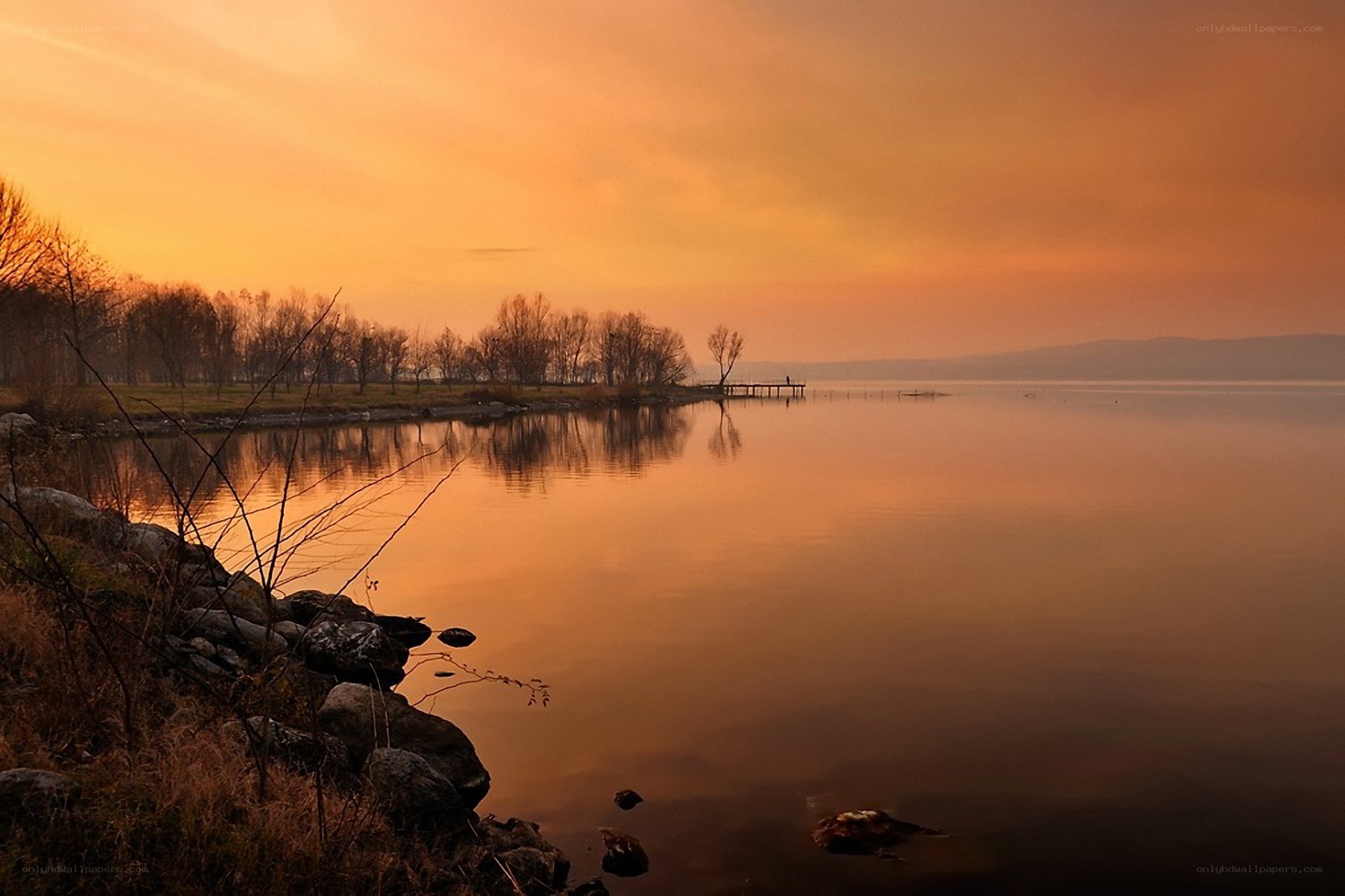Sunset over a calm lake