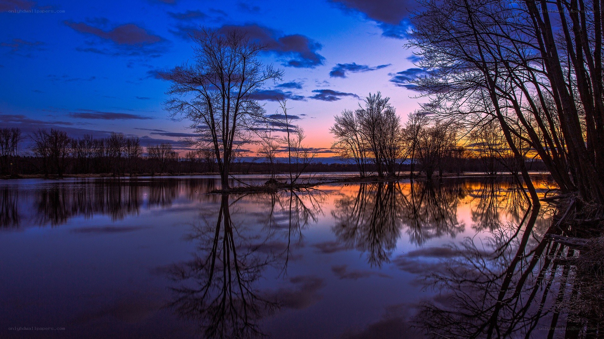 Sunset over a calm lake