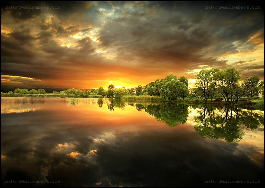 Sunset over a calm lake