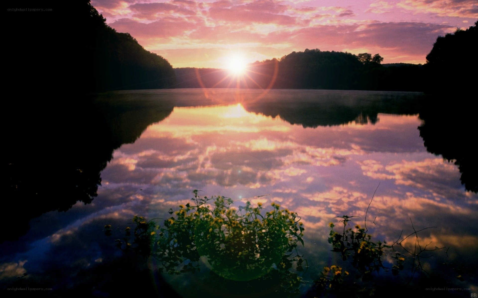 Sunset over a calm lake