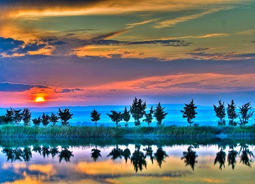Sunset over a calm lake