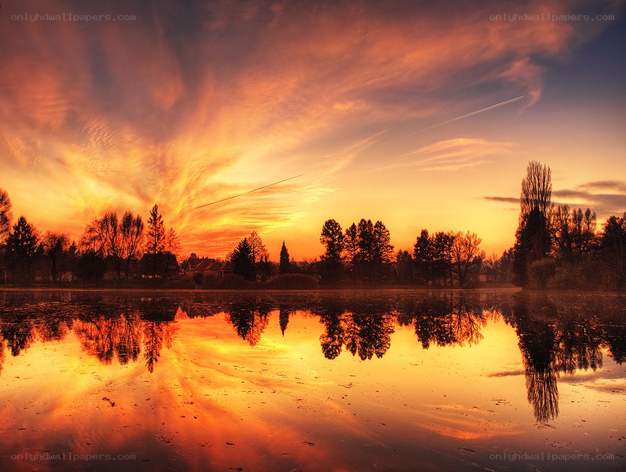 Sunset over a calm lake