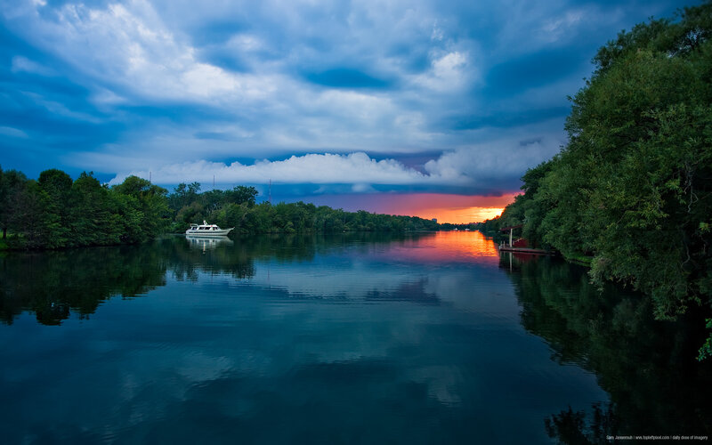 Sunset over a calm river