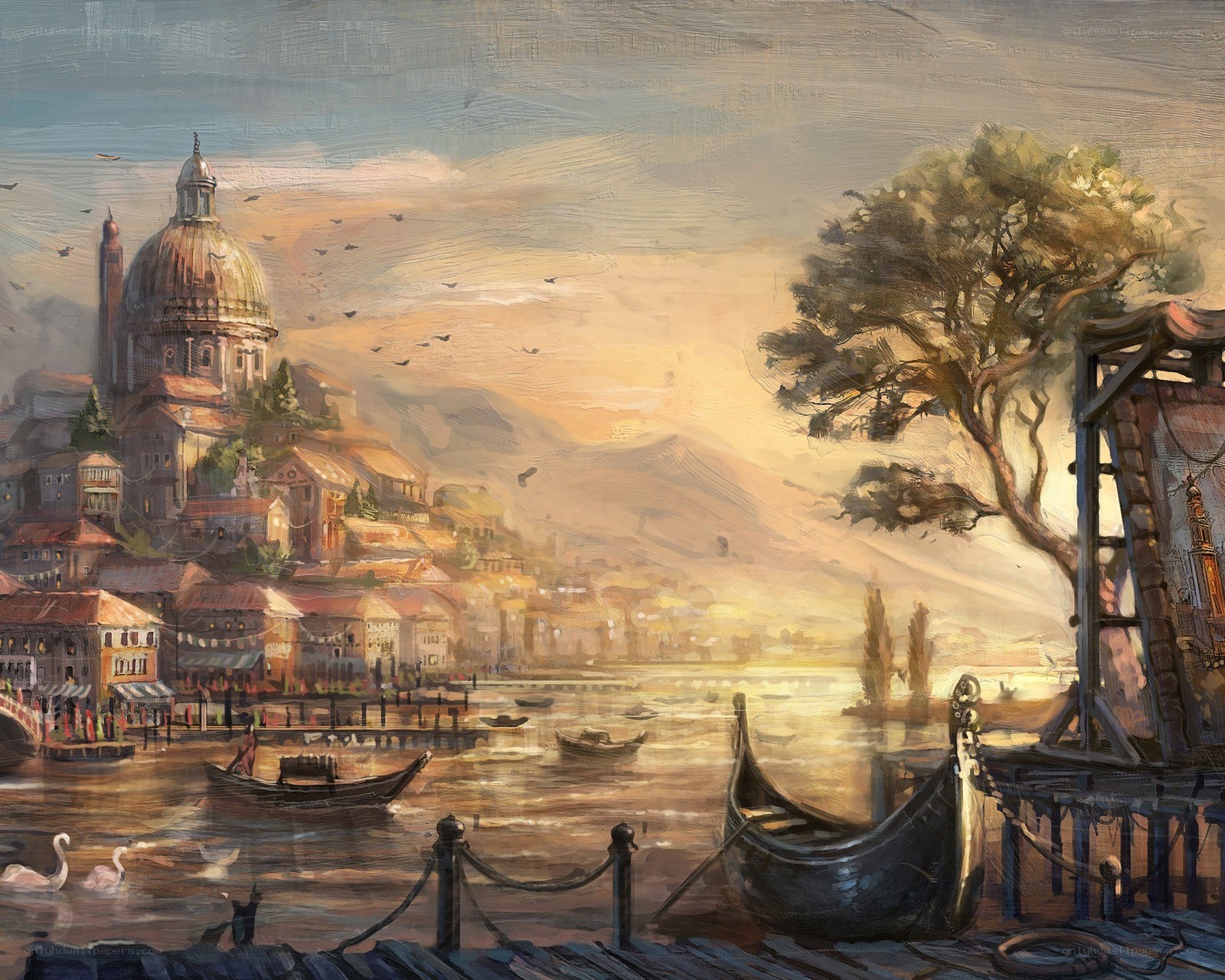Sunset over a canal city