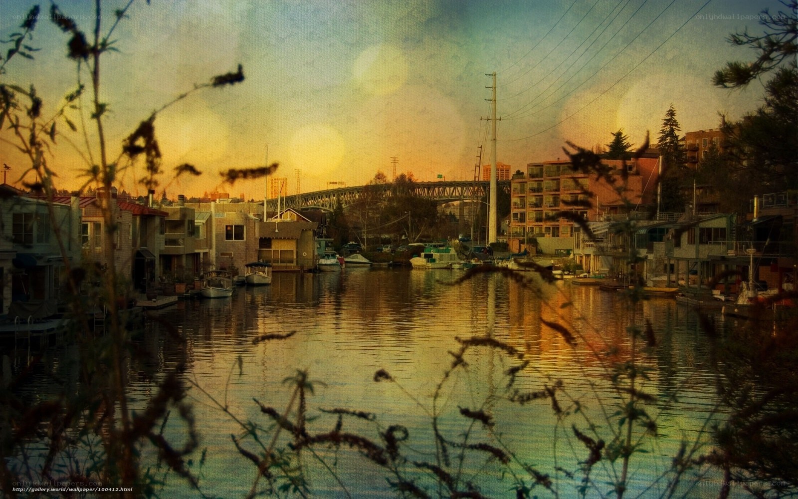 Sunset over a canal town