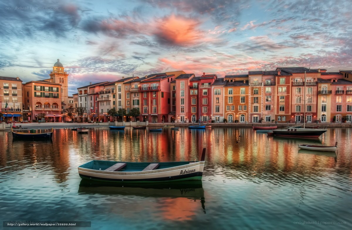 Sunset over a canal town