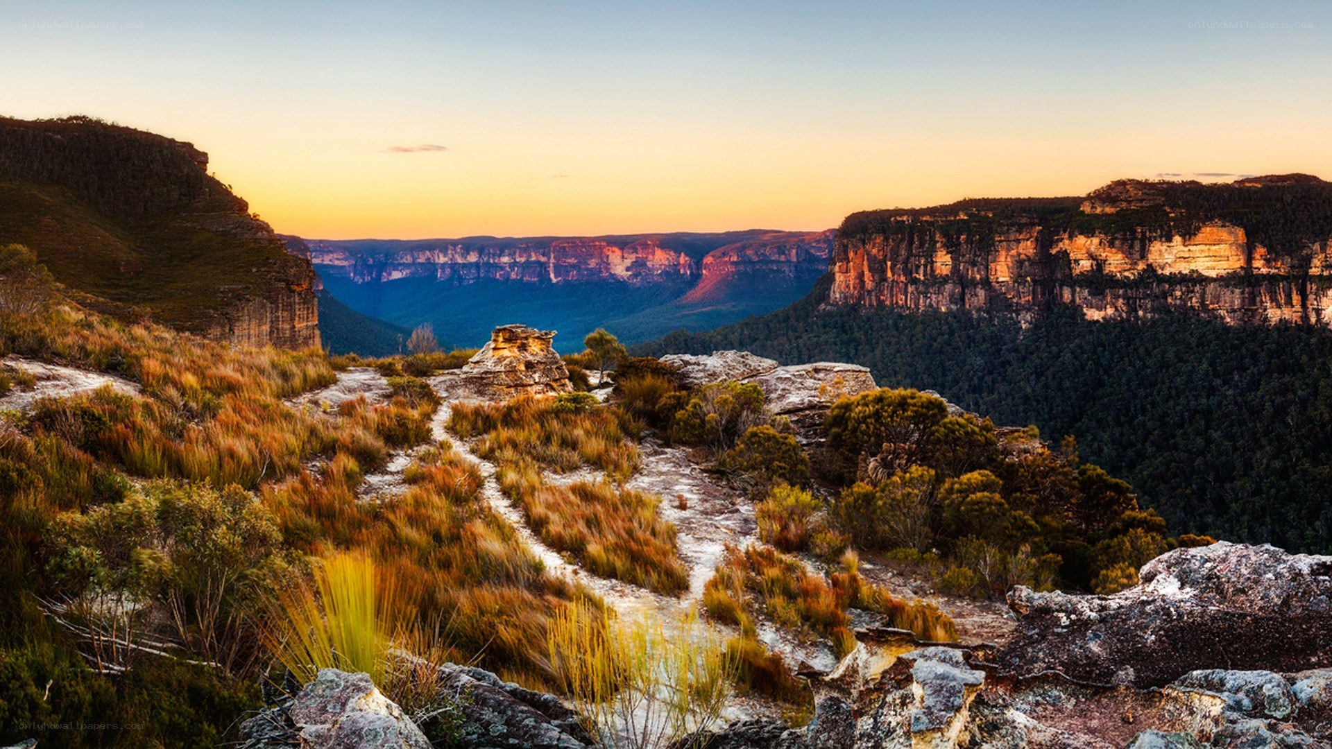 Sunset over a canyon landscape