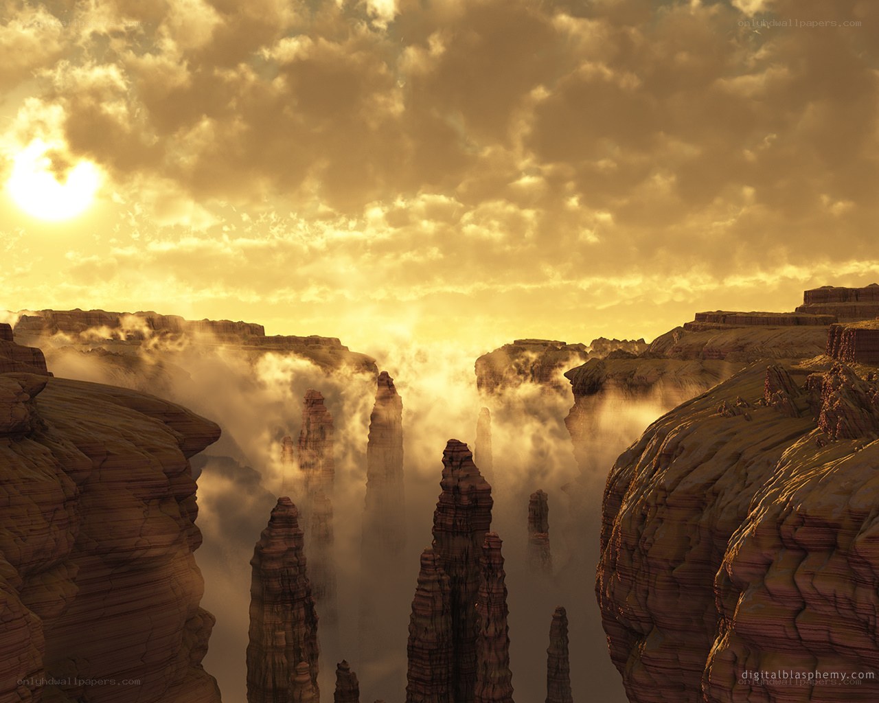 Sunset over a canyon landscape