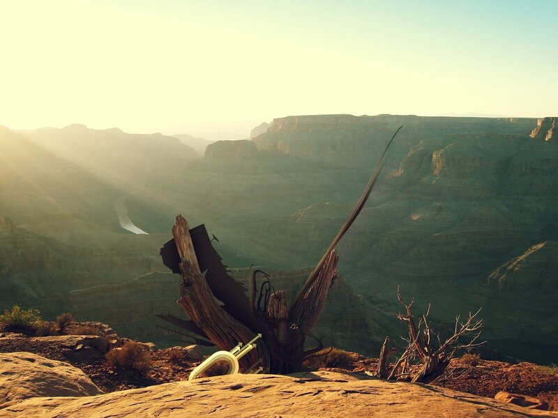 Sunset over a canyon landscape