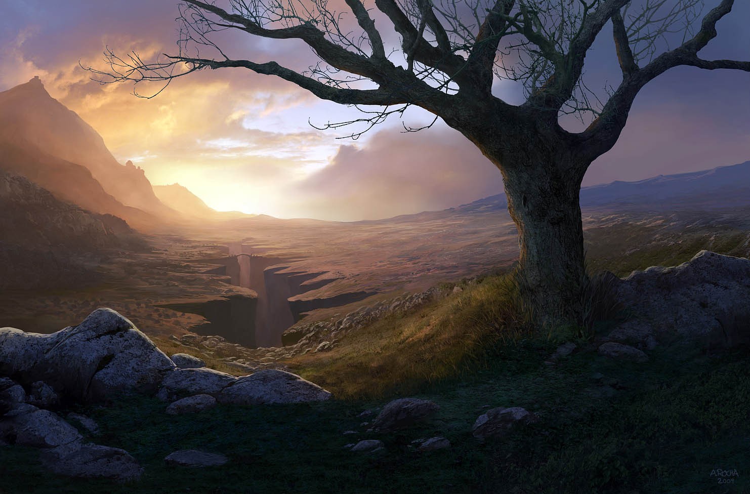 Sunset over a canyon landscape