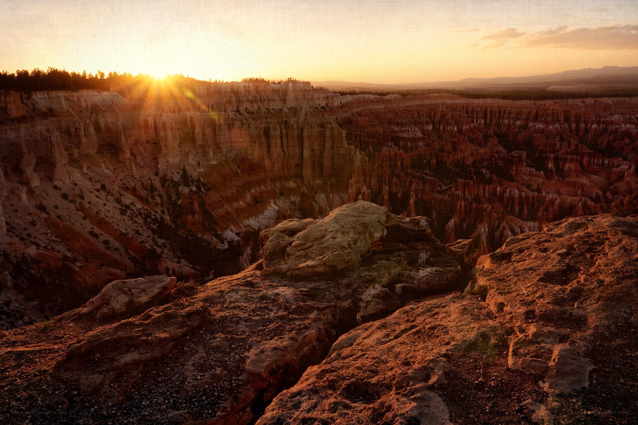 Sunset over a canyon landscape