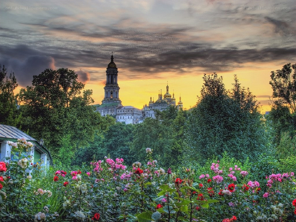 Sunset over a cathedral garden