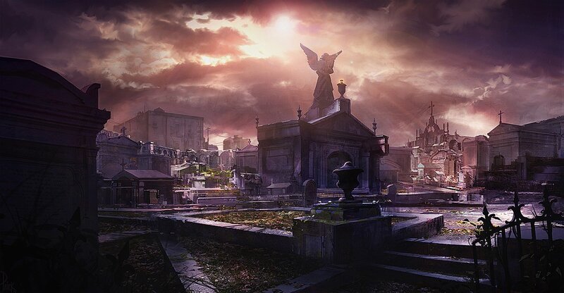 Sunset over a cemetery