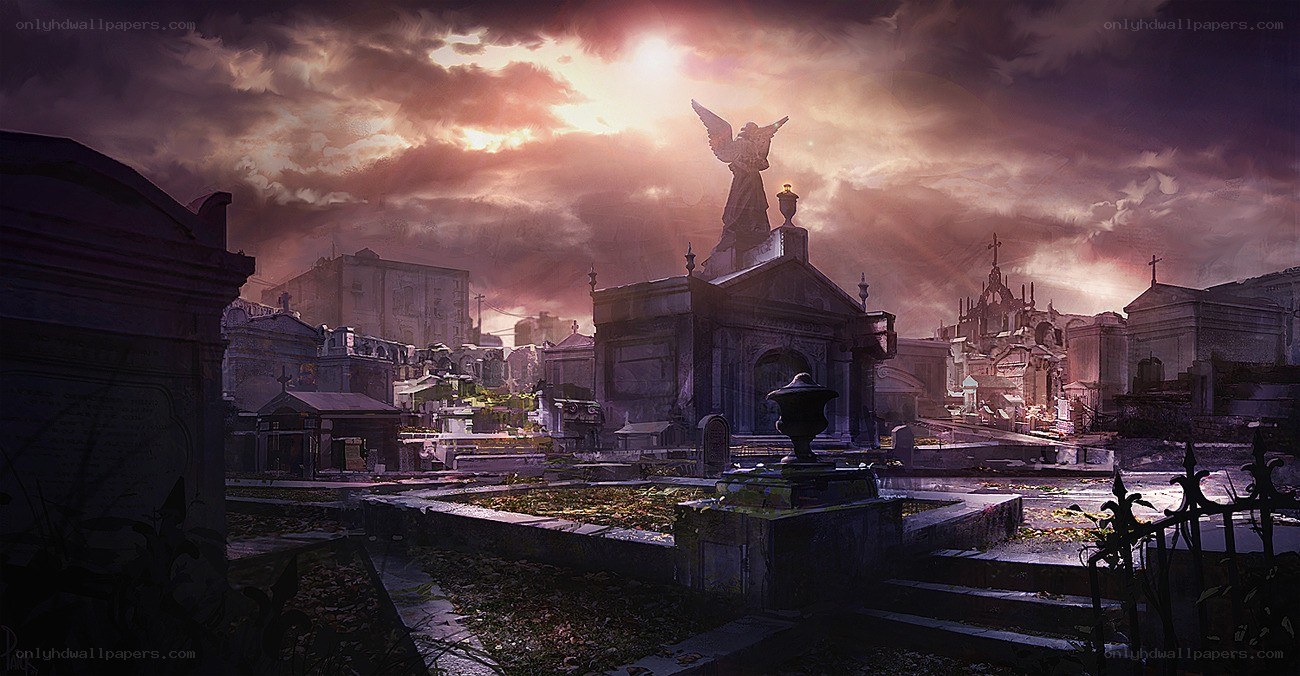 Sunset over a cemetery