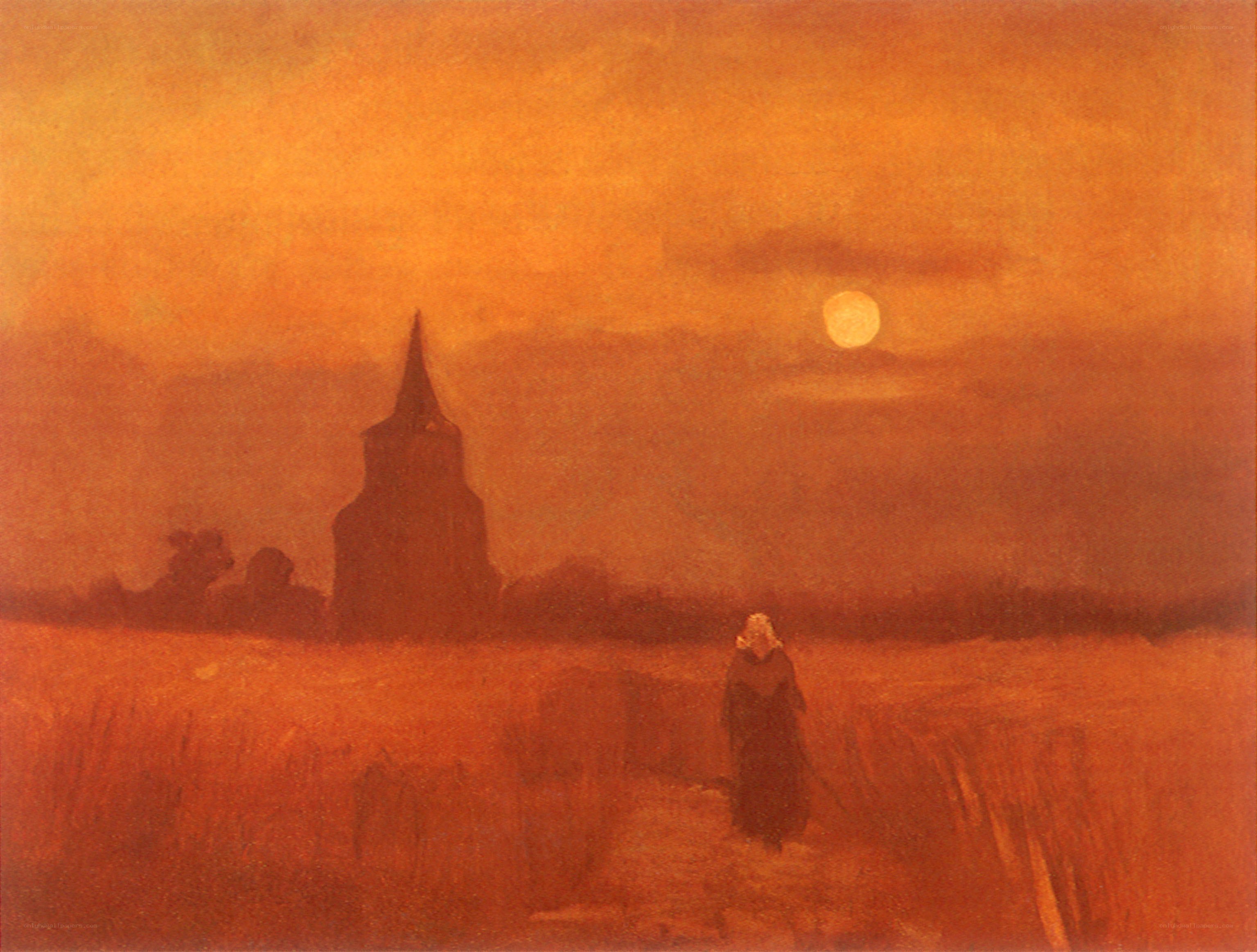 Sunset over a church field