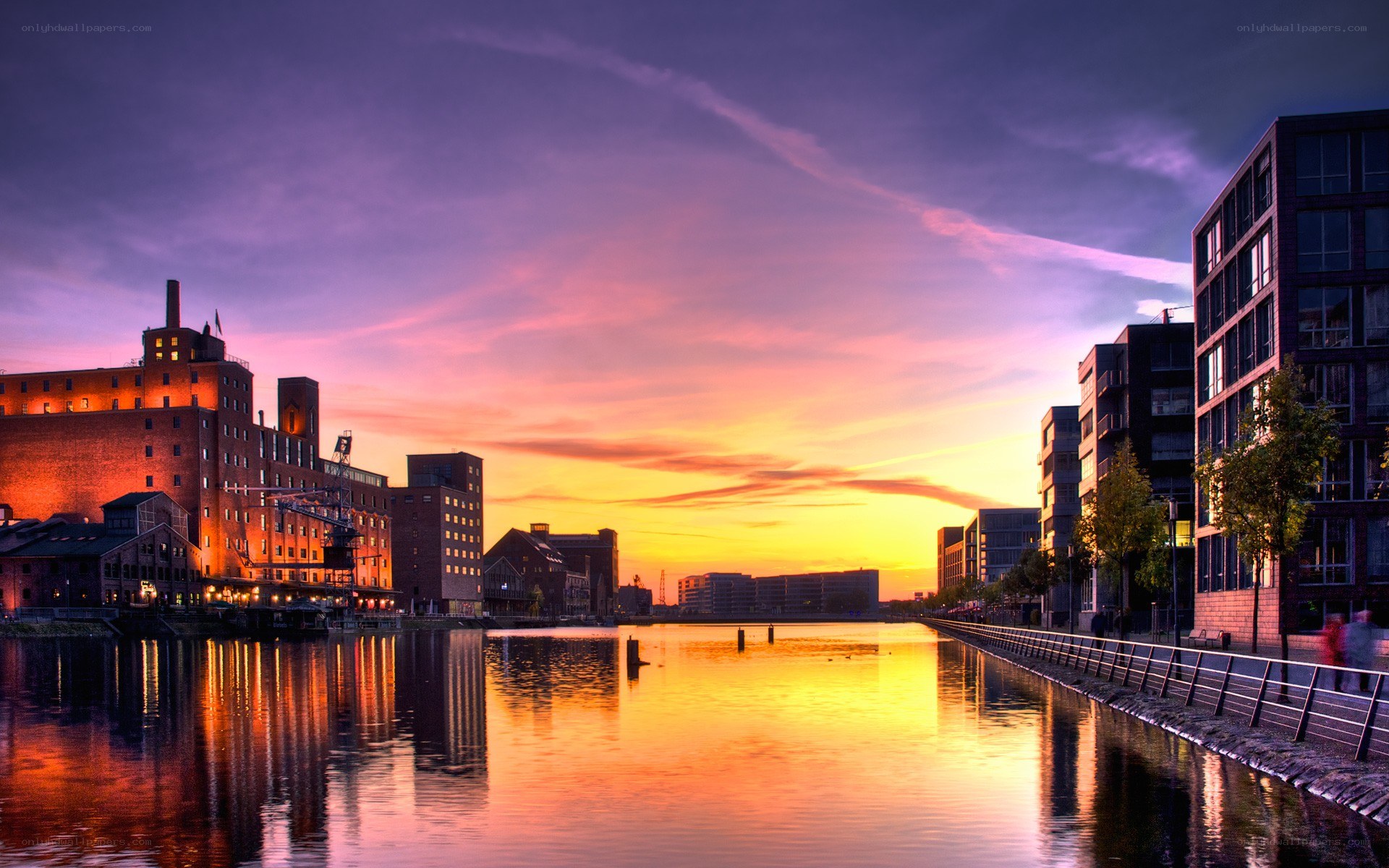 Sunset over a city canal