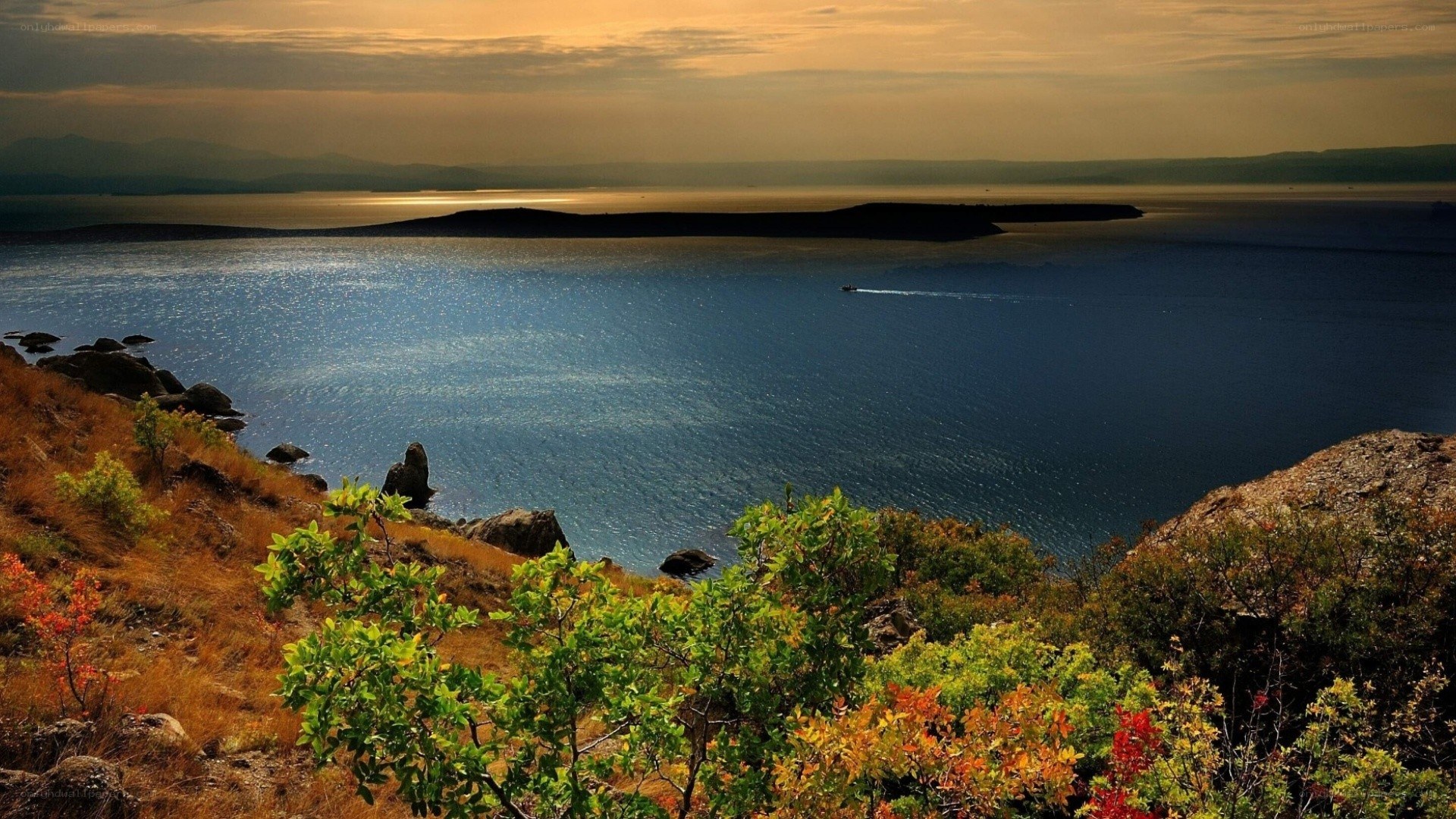 Sunset over a coastal bay