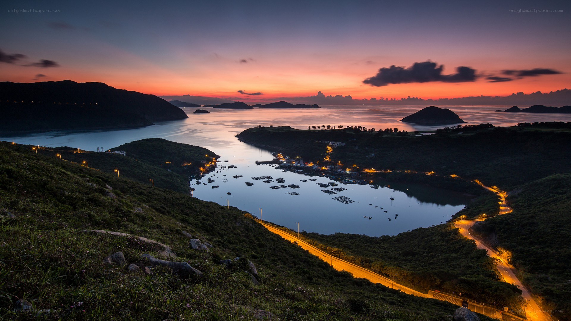 Sunset over a coastal bay