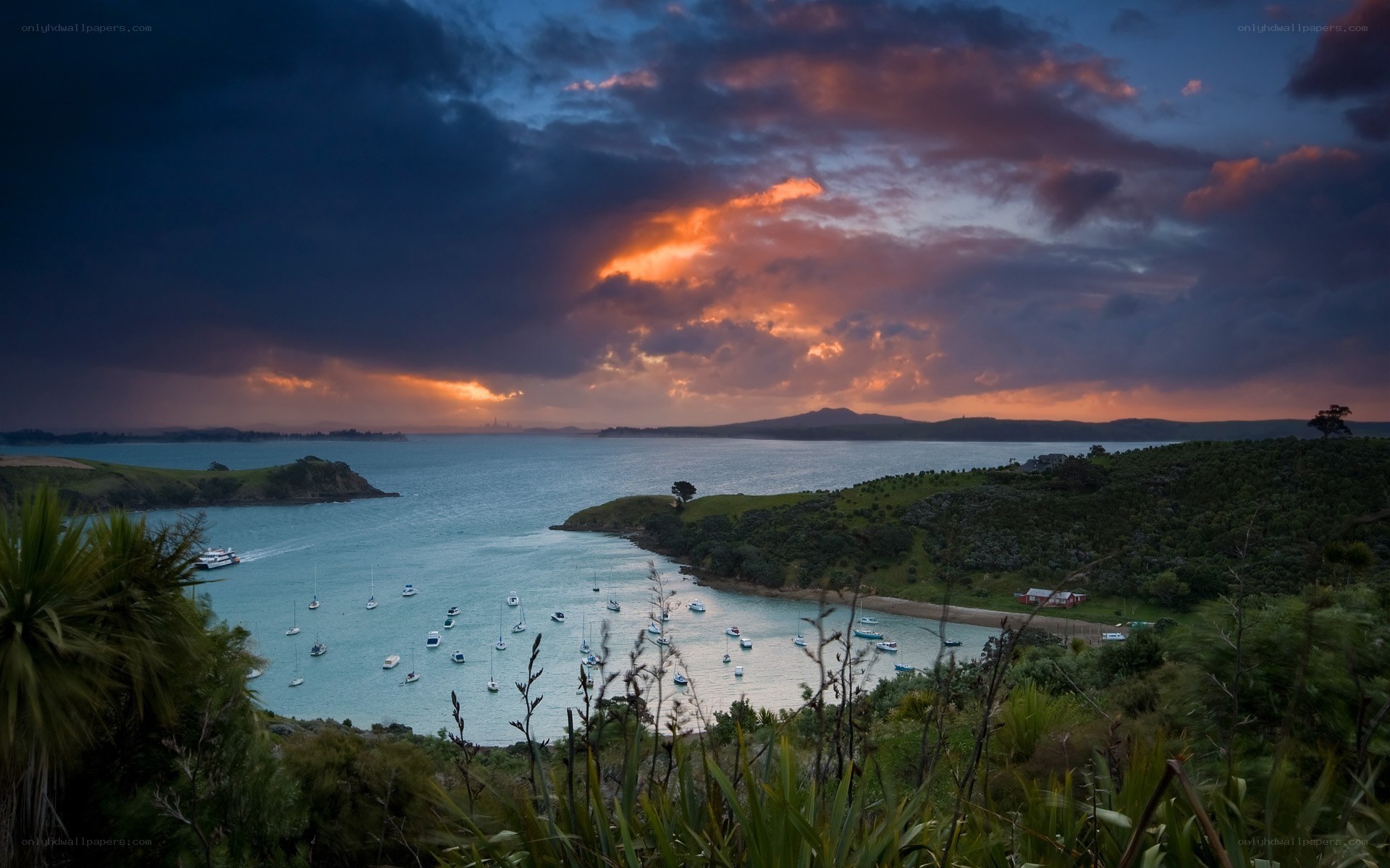 Sunset over a coastal bay
