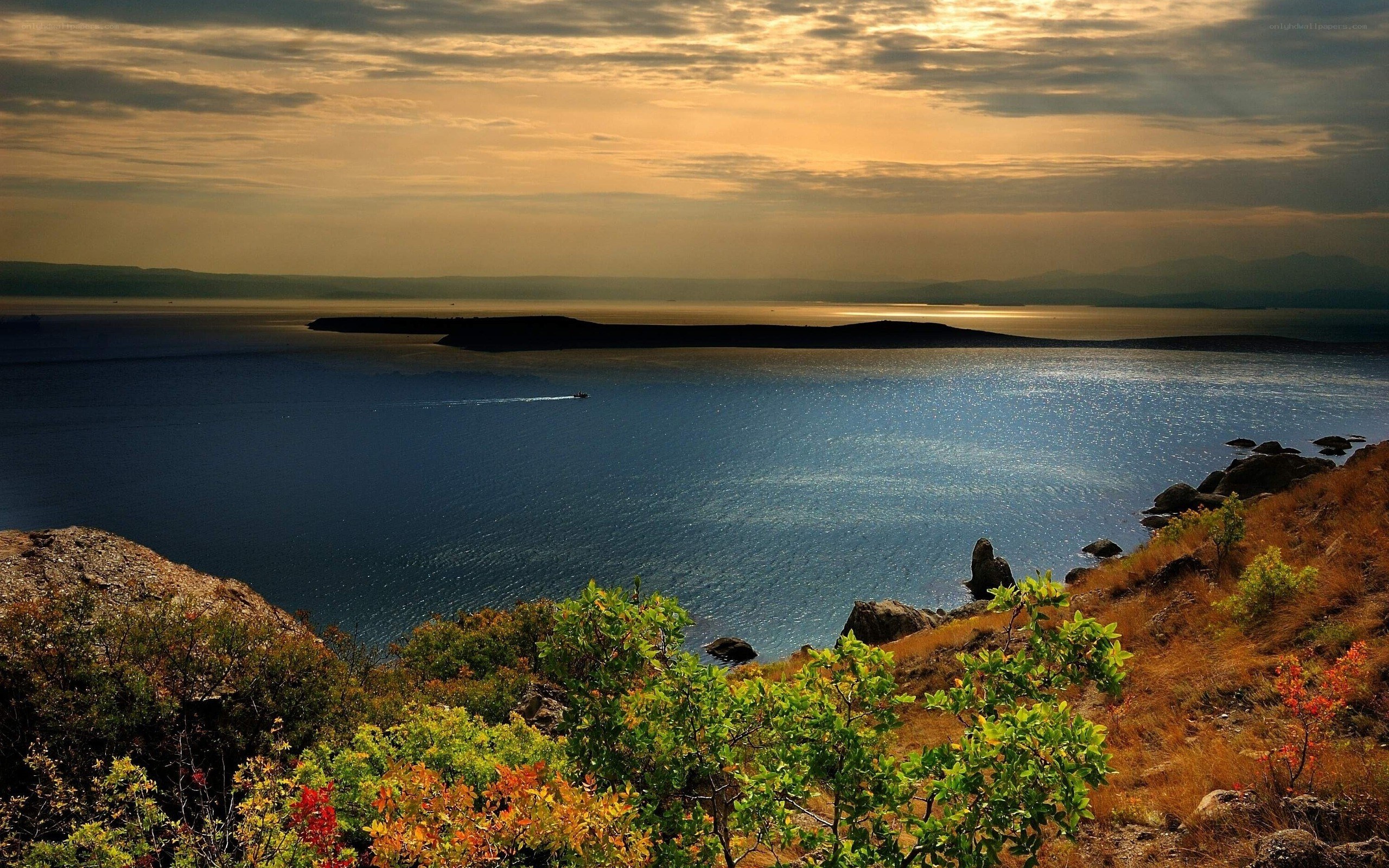 Sunset over a coastal bay