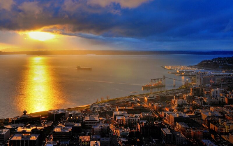Sunset over a coastal city