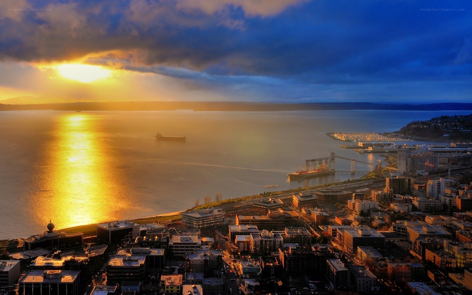 Sunset over a coastal city