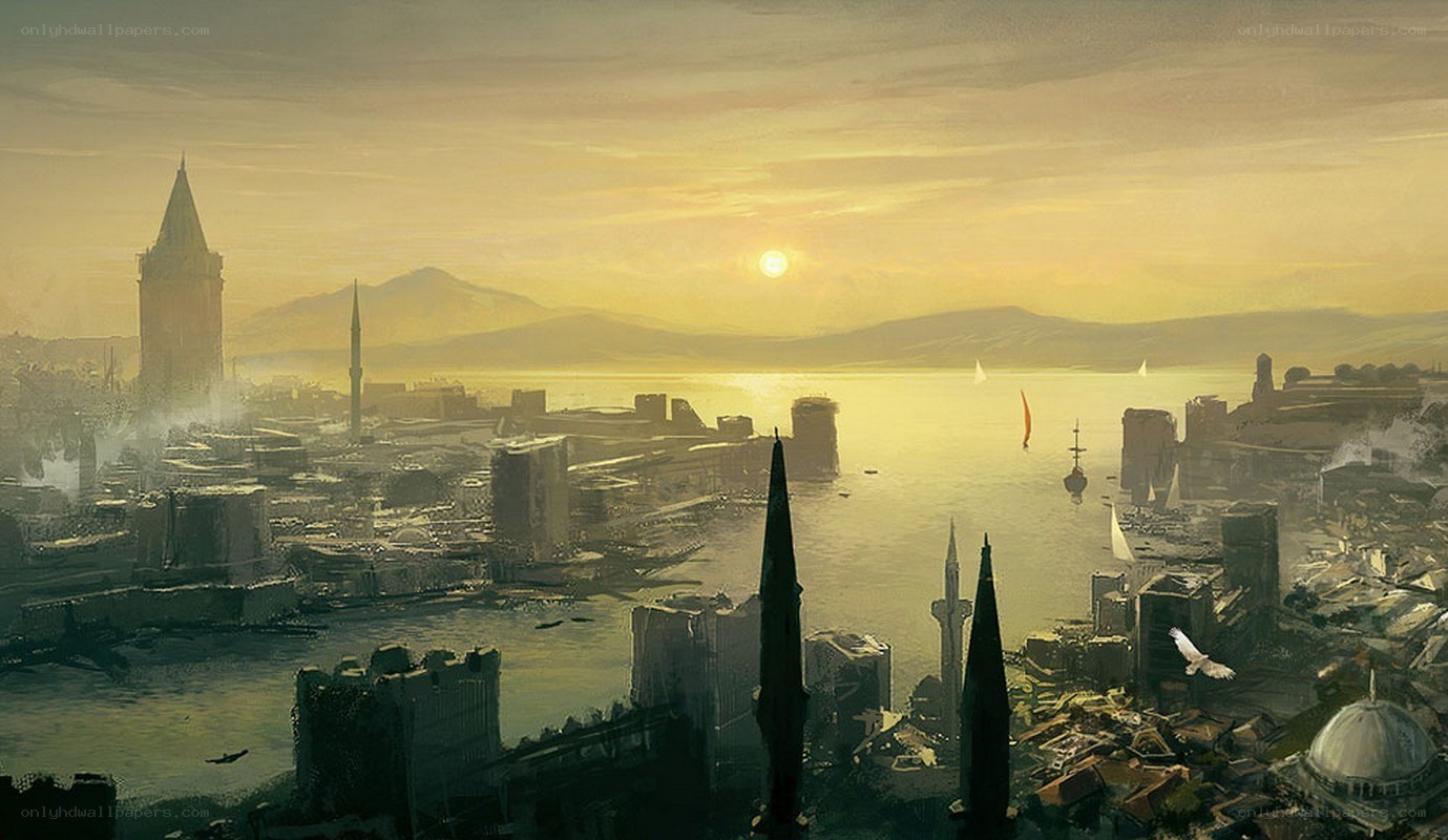 Sunset over a coastal city