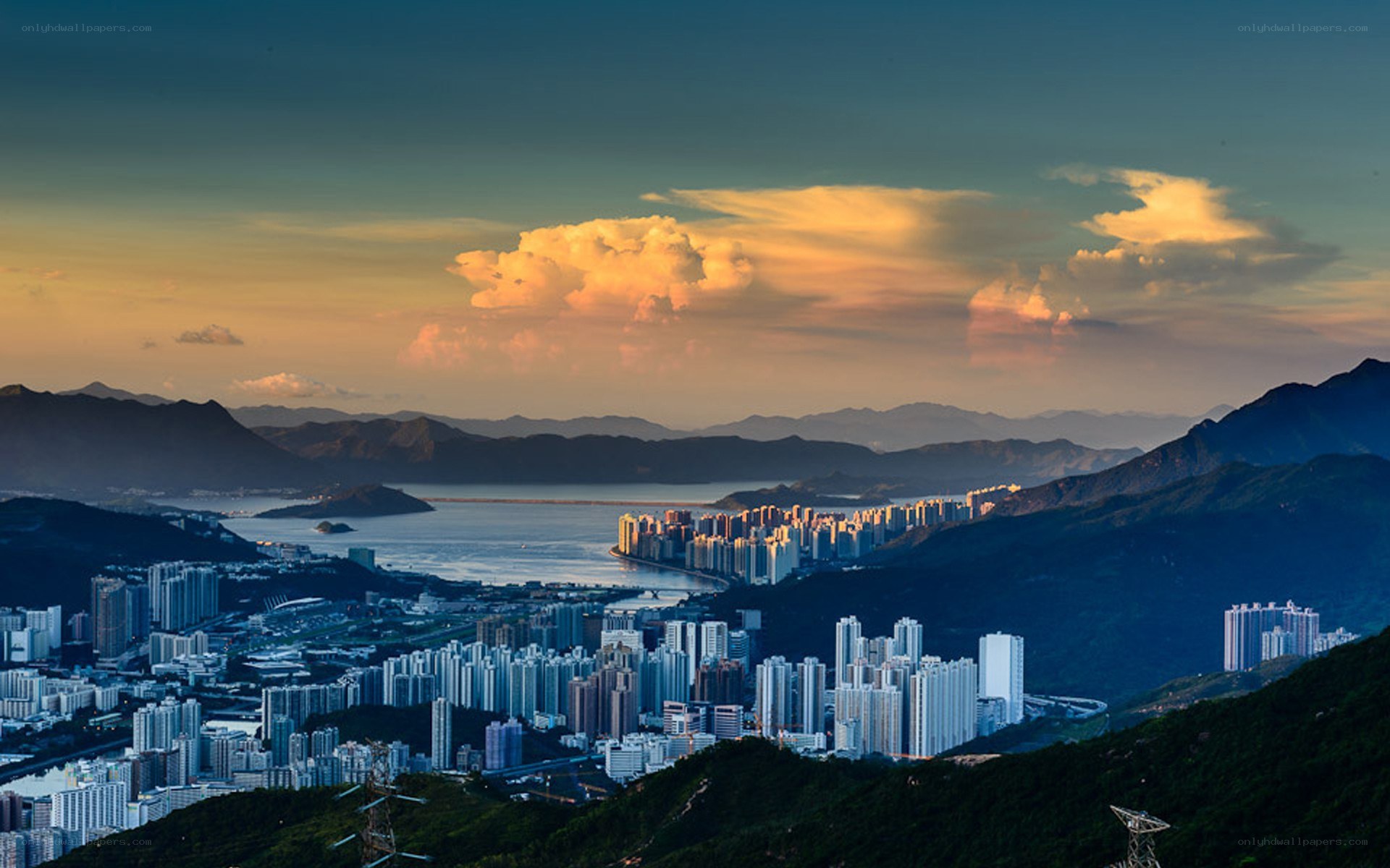 Sunset over a coastal city
