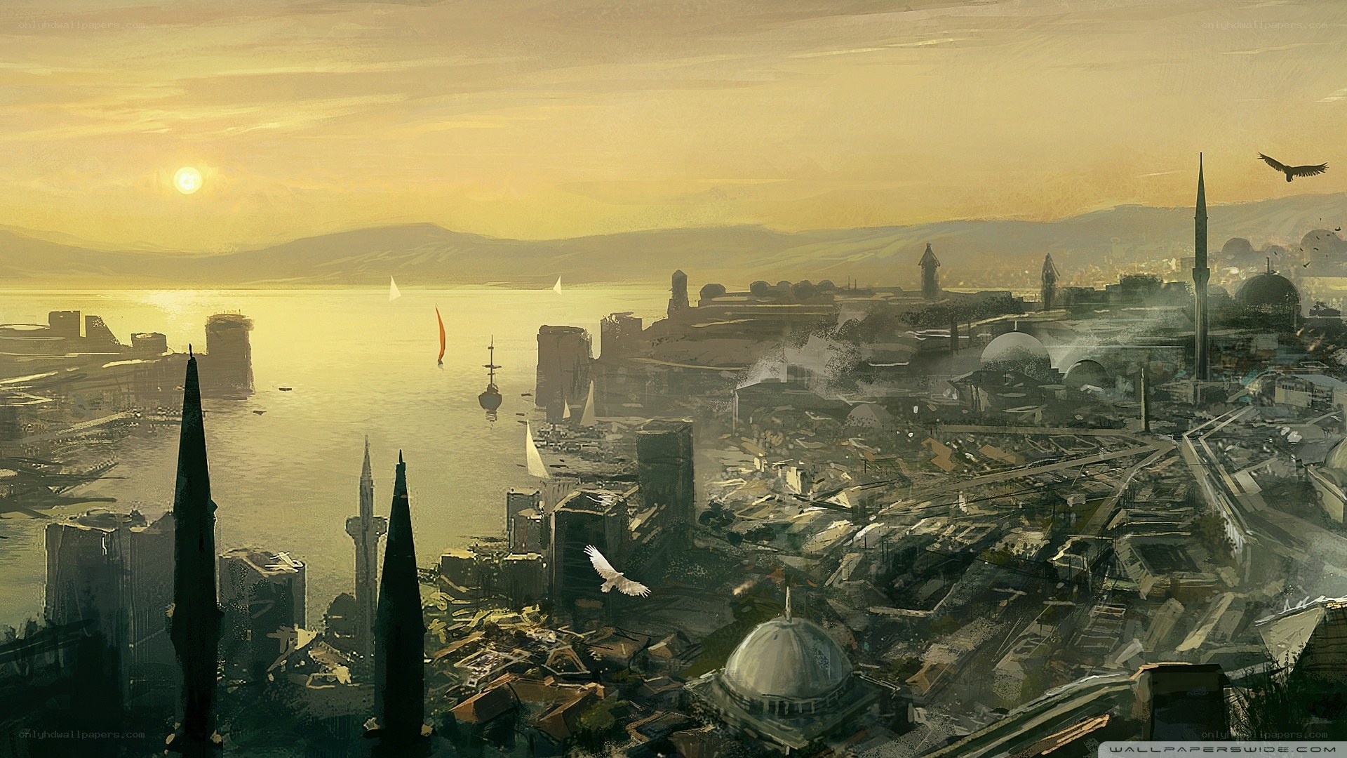 Sunset over a coastal city