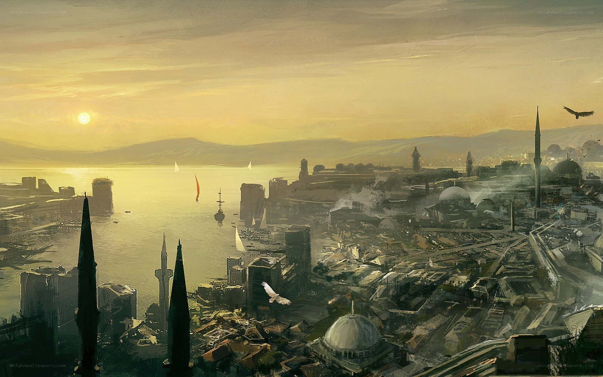 Sunset over a coastal city