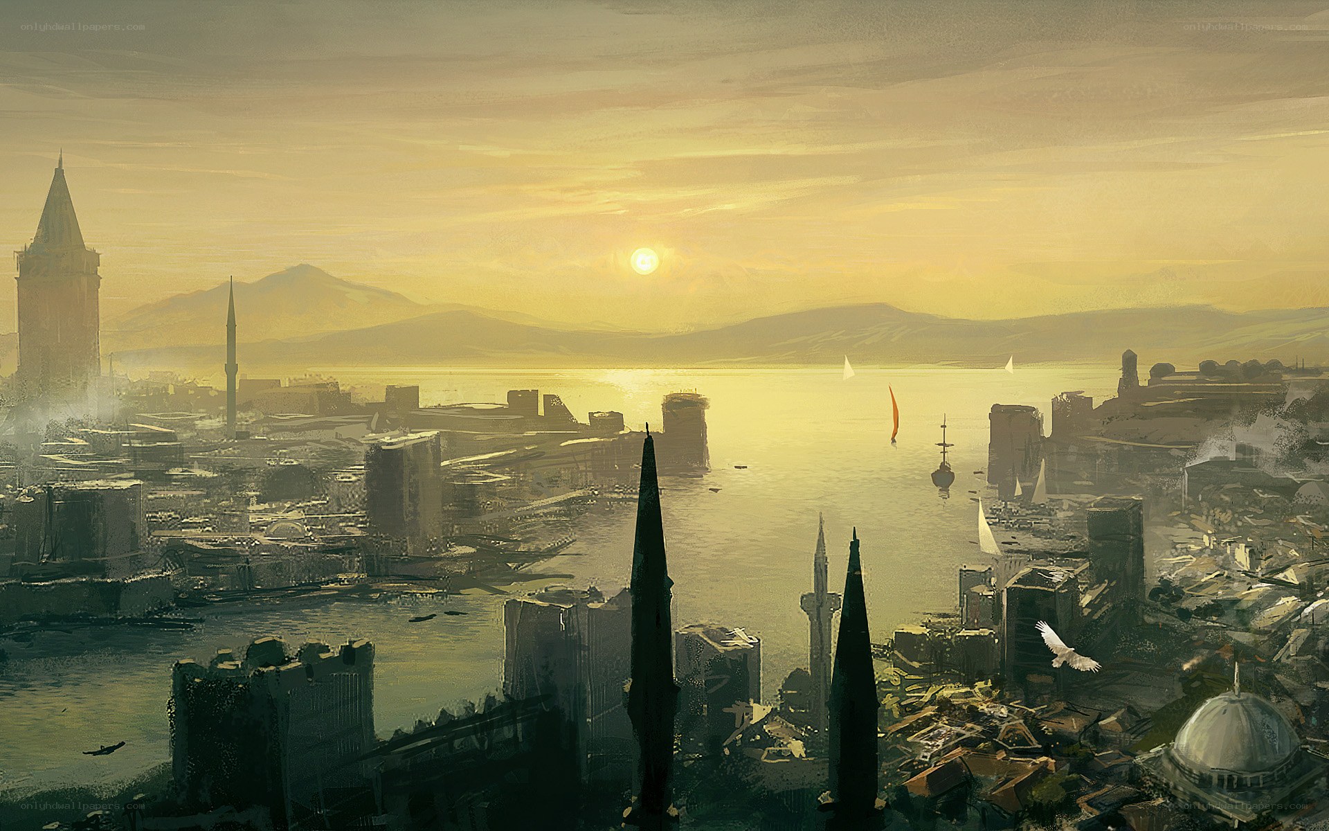 Sunset over a coastal city