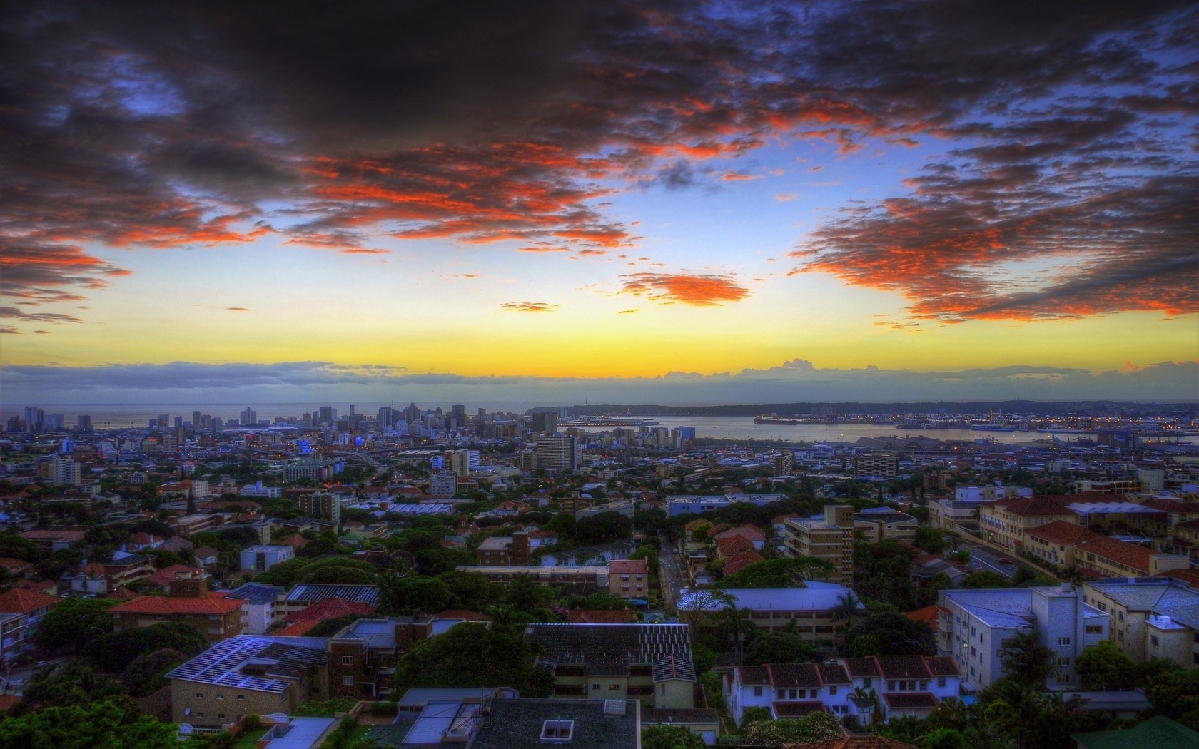 Sunset over a coastal city
