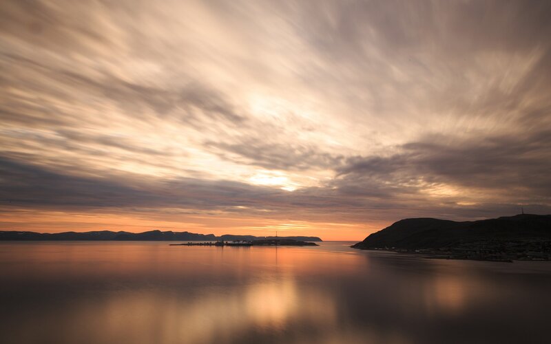 Sunset over a coastal fjord
