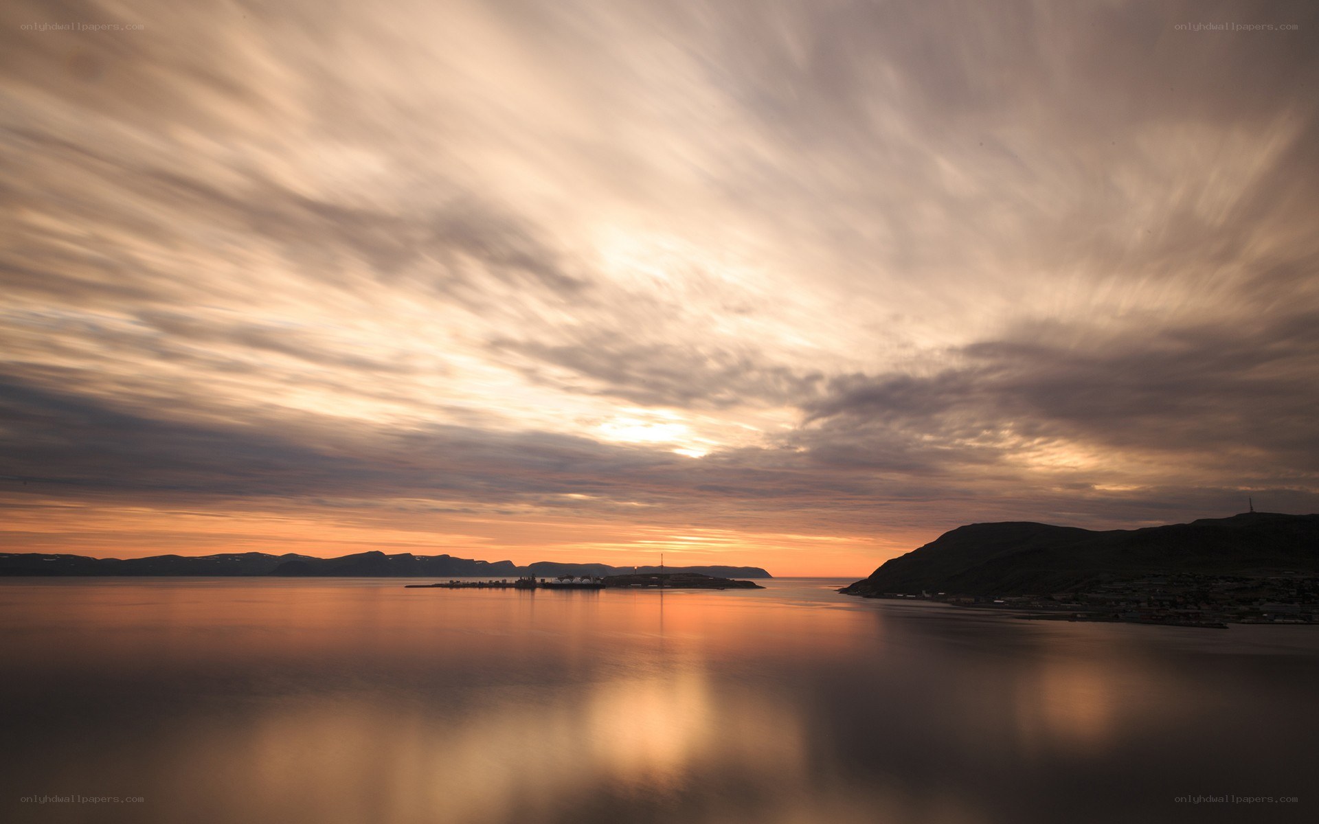 Sunset over a coastal fjord